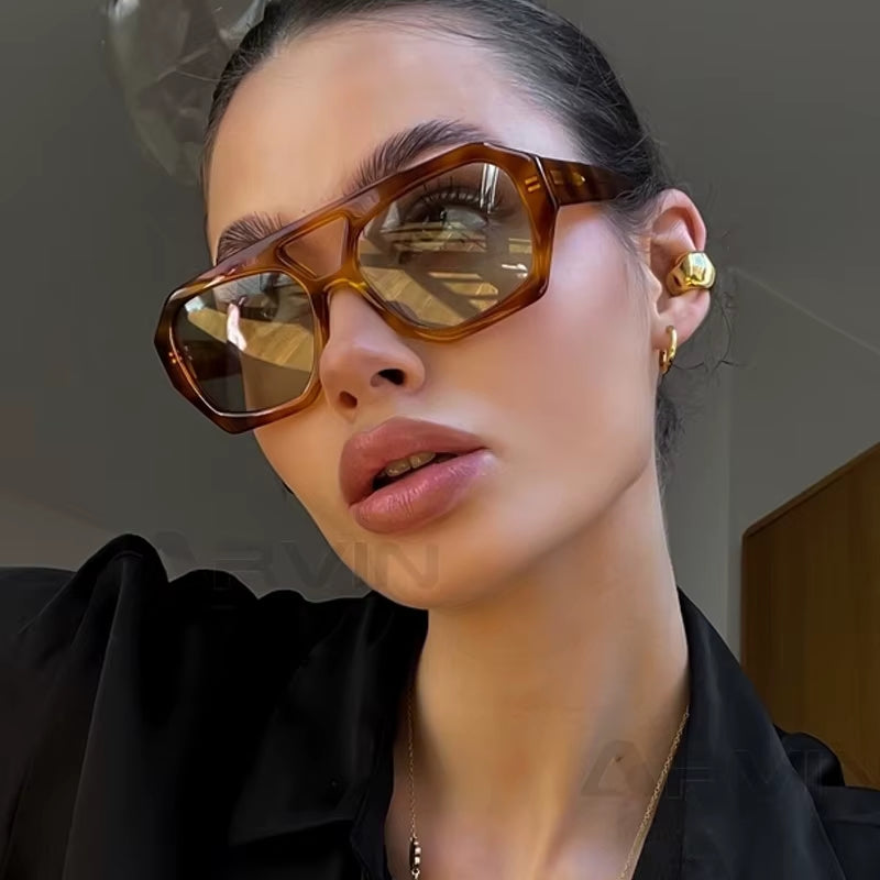 Vintage Square Sunglasses for Women Men Thick Frame Double Bridges Eyewear Female Fashion Chic Polygon Sun Glasses Leopard Blue